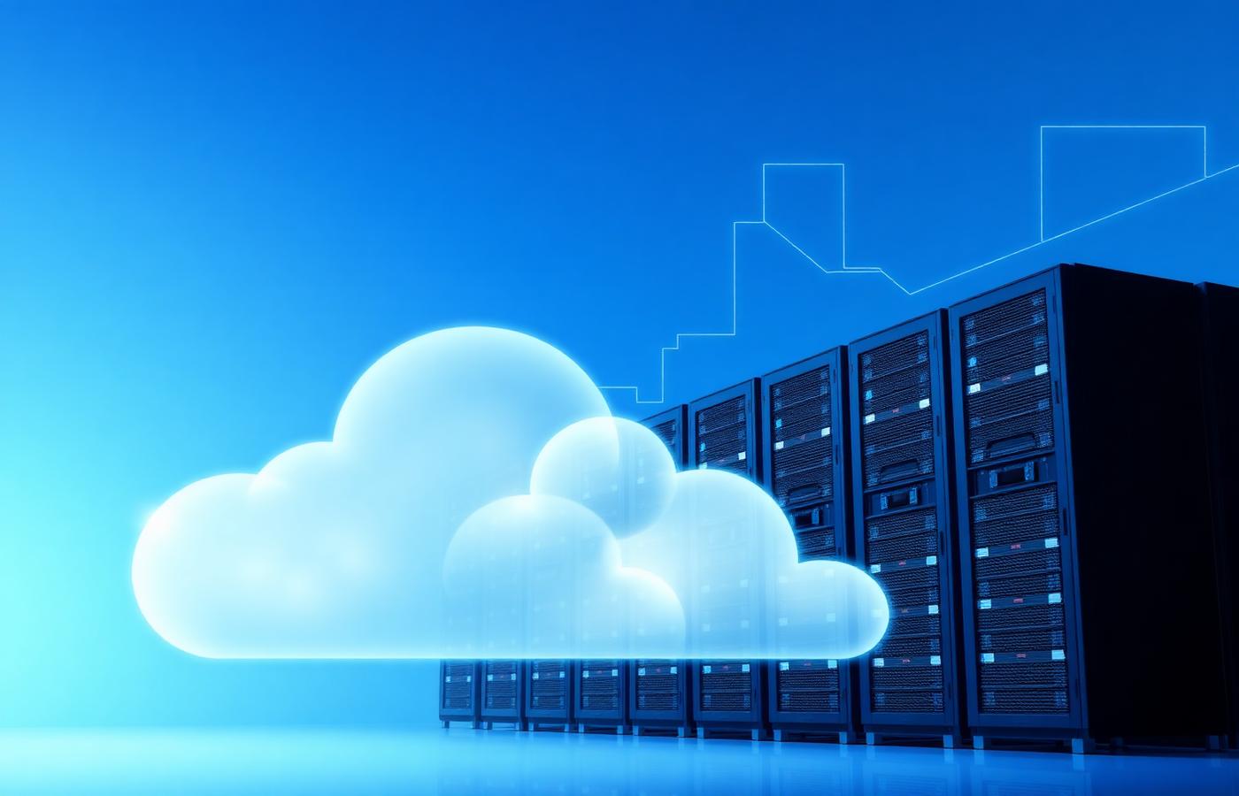 Cloud infrastructure with translucent cloud shapes above server racks