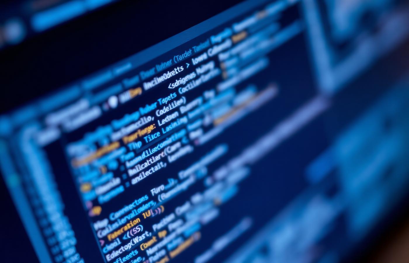 Blue-lit source code on a developer workstation