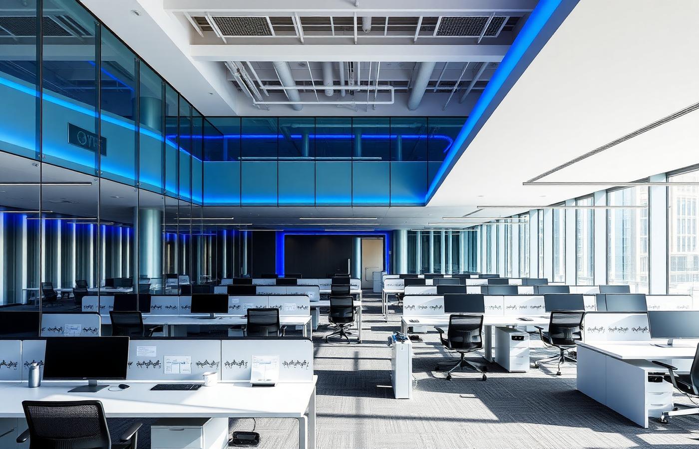 Modern open-plan technology office with blue lighting and glass partitions